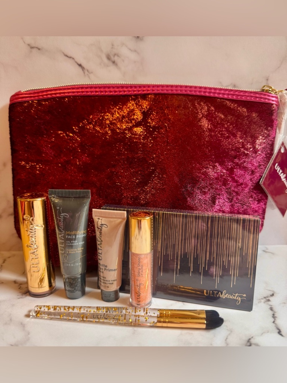 ULTA Beauty Makeup Set with Shimmery Pink Velvet Pouch Brand New